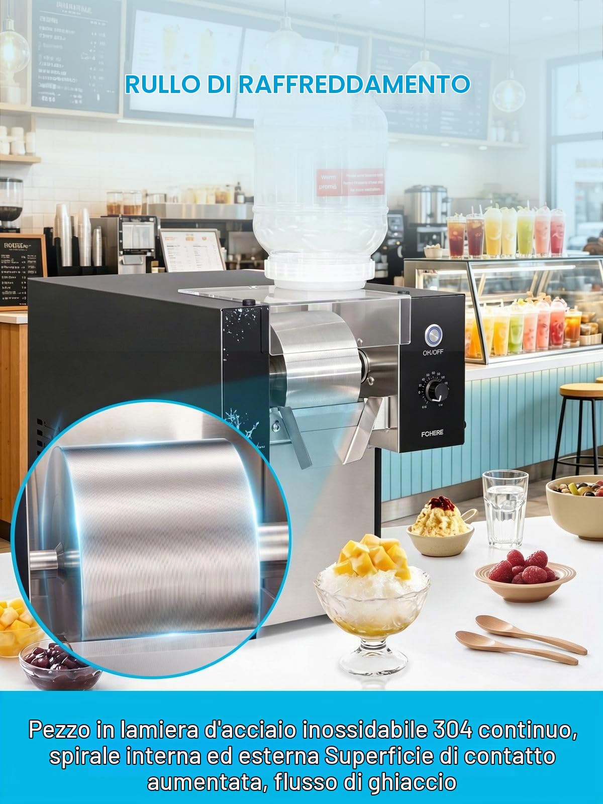Macchina professionale per ghiaccio tritato FOHERE 80 kg/24 h | Macchina per bingsu in acciaio inossidabile con funzione di autopulizia e compressore, regolatore di velocità