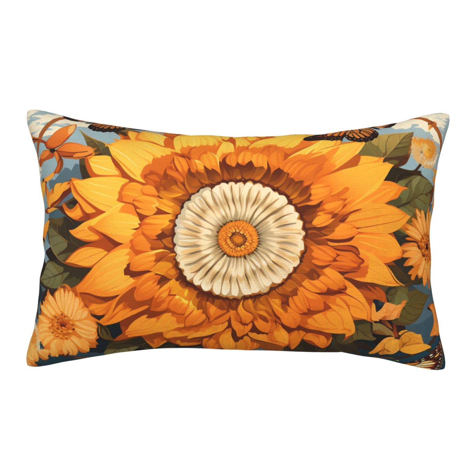 Velvet Pillowcases 16"x24" Ultra Soft Breathable Pillow Cases, Luxury Fuzzy Throw Pillow Covers with Zipper, Sunflower Surrounded by Butterflies Pillow Shams Decorative Cushion Cases for Couch