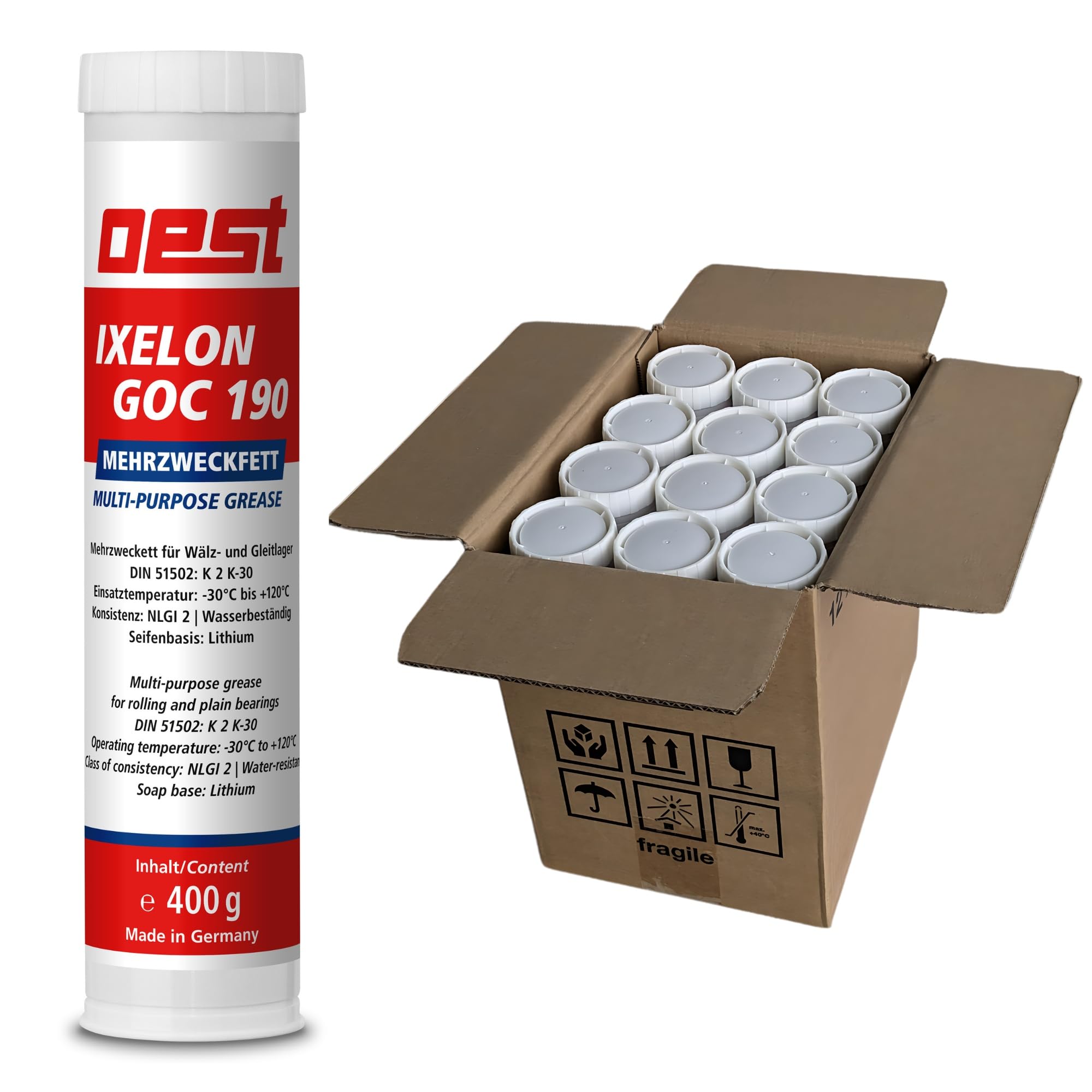 OEST Ixelon GOC 190 Schmierfett – 12 x 400g Kartuschen | Hochleistungs-Mehrzweckfett für Gleit- & Wälzlager | haftstark, alterungsbeständig, korrosionsschützend – für Maschinen & Baumaschinen
