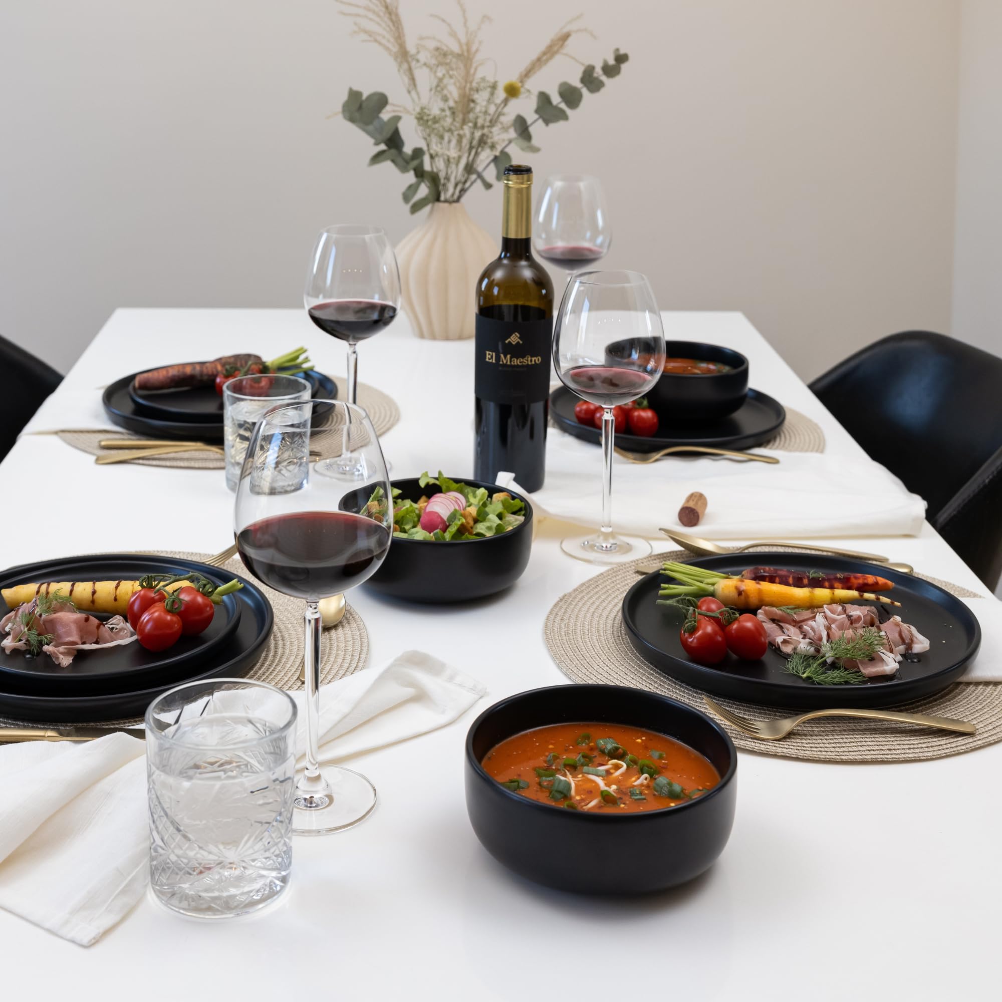 Geschirrset 24 teilig für 6 Personen, Modernes Steingut Tafelservice im Japandi Stil, Schwarzes Geschirr Set mit Tellern, Schalen & Tassen, Teller Steinzeug, Kombiservice 6 Personen & Tafelgeschirr