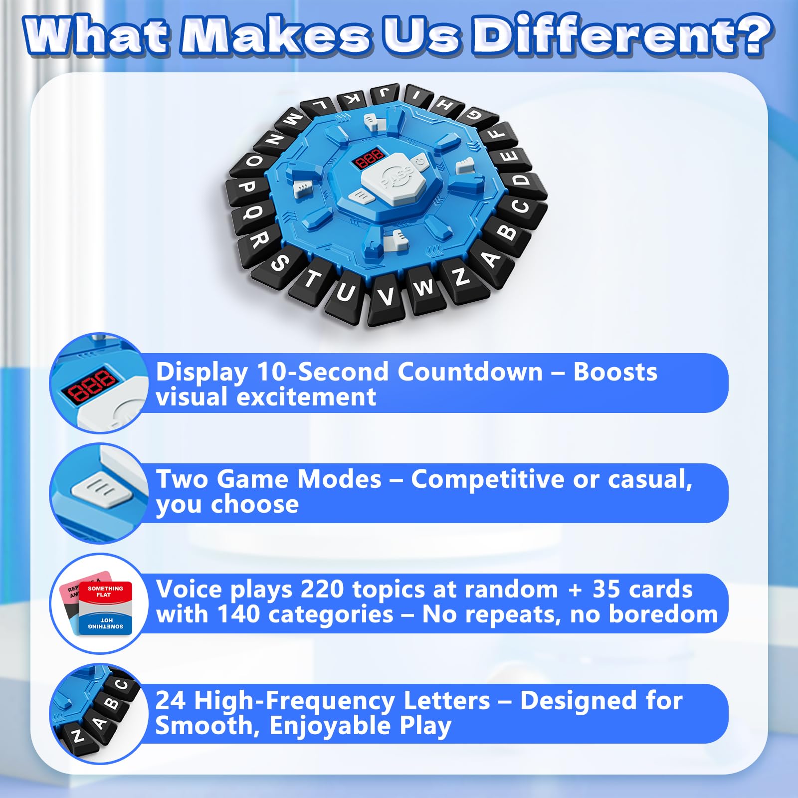 Juego de palabras, juego de mesa familiar con temporizador de pantalla digital y 2 categorías de modos, divertido juego rápido de 24 letras para fiesta de aprendizaje interactivo (azul) 8