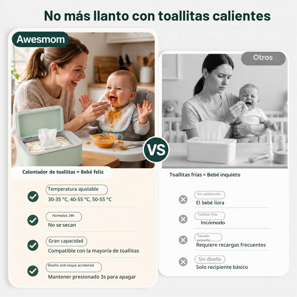 Calentador de toallitas para bebé, control de temperatura de 3 niveles, calentamiento silencioso y uniforme, gran capacidad para cambios de pañales, color verde | Gran capacidad, fácil de usar, 3 ajustes de temperatura ajustables, calefacción silenciosa d