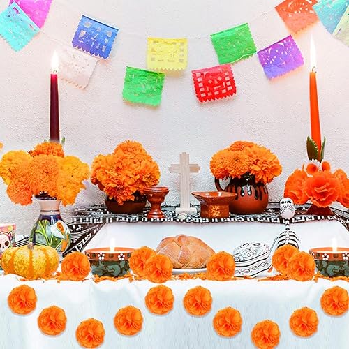 Miniatura 7 de Labeol 50 piezas de flores de caléndula artificiales, cabezas de flores de caléndula a granel, decoración mexicana, guirnalda de caléndula naranja