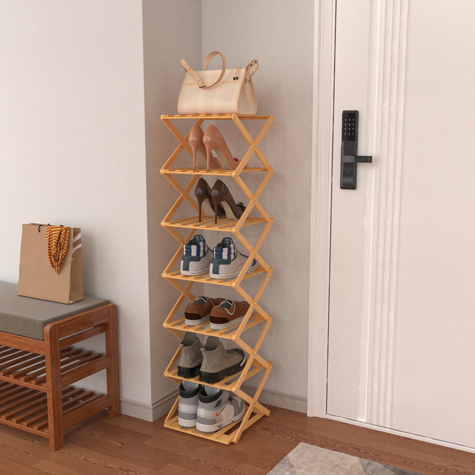 OHMG - Estantería de bambú plegable de 7 plantas, organizador de bambú, ideal para estante de zapatos, en el cuarto de baño y como estante de cocina, estante para decoración, poco espacio