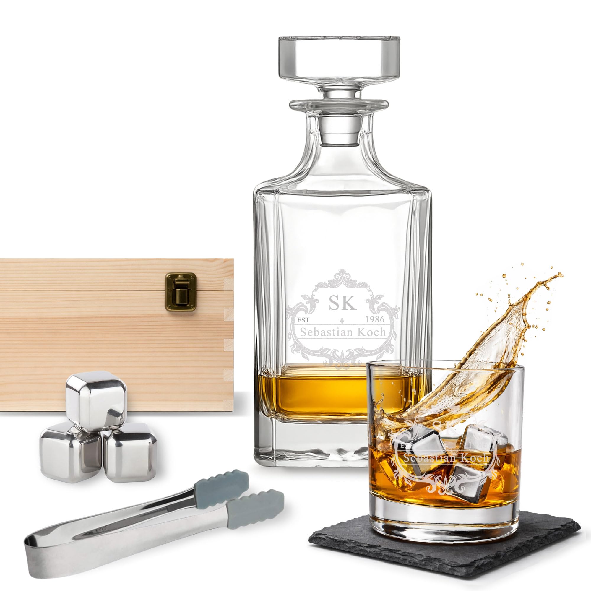 LOOXIS Personalisiertes Whisky Geschenkset mit Namen & Motiv graviert - 1x 300ml Whiskyglas, 700ml Karaffe, 1x Edelstahleiswürfel- Geschenkidee Männer, Vatertag, Weihnachten - Geschenkset 1, Motiv 1