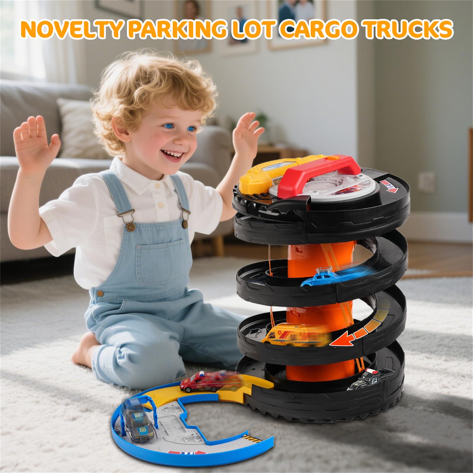 VATOS Set di piste da corsa per auto giocattolo, 2 in 1, pieghevoli, torre per bambini con 5 auto da corsa, gioco con ruota rotante con luci e suoni, giocattoli per auto regalo per bambini e bambine