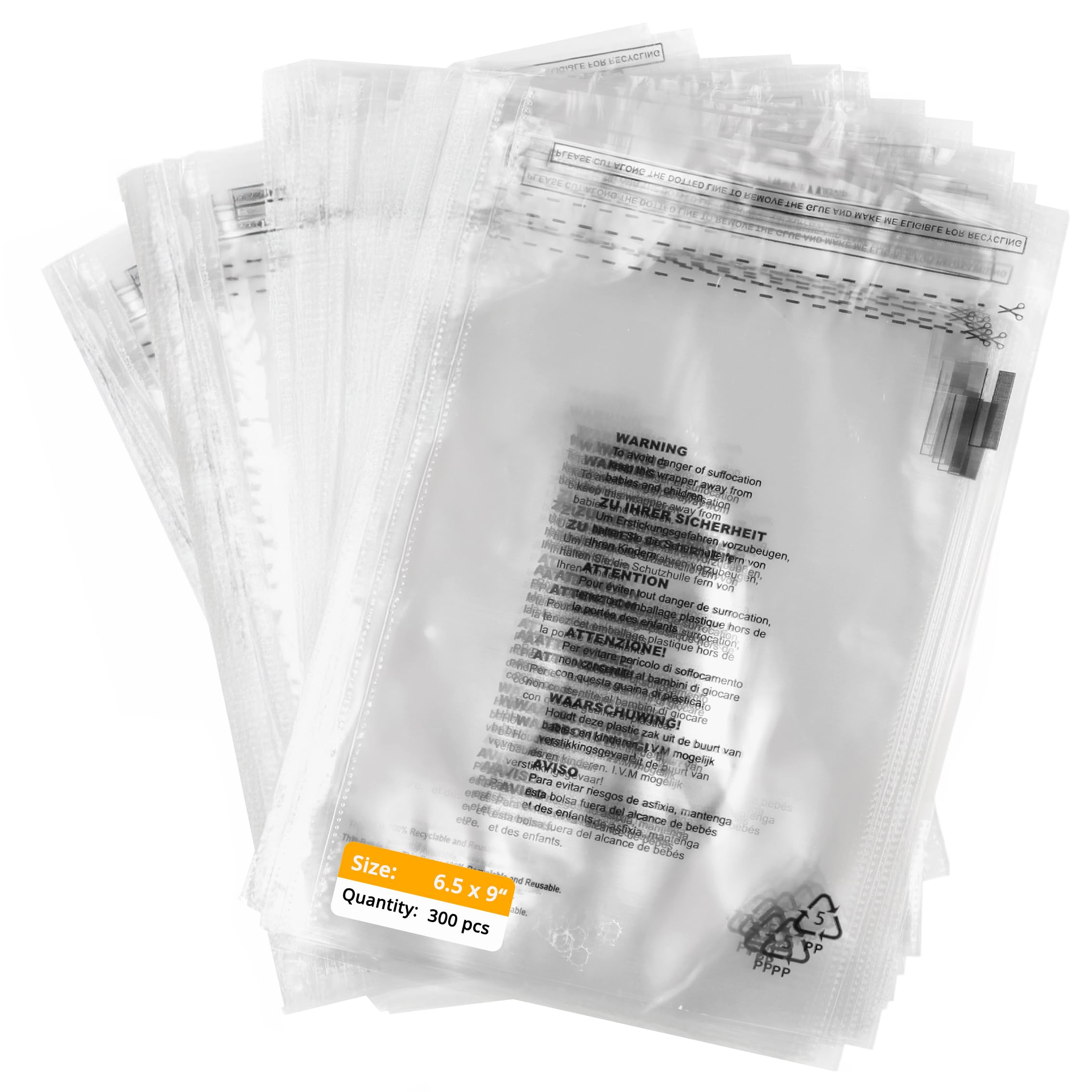 300 Pack 6.5 x 9" Clear Self Seal Poly Bags with Suffocation Warning, Clear OPP Bag 165 x 230mm, Transparent Poly Bags for Clothing, Garment & Packaging Use