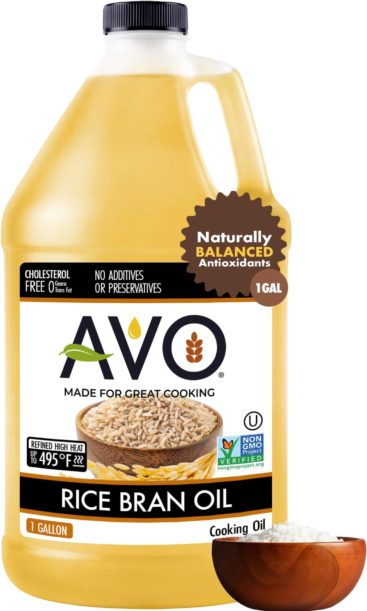 AVO Rice Bran Oil for Cooking or Frying, 1 Gallon, NON-GMO, No Preservatives, High Smoke Point 490°F Rice Oil