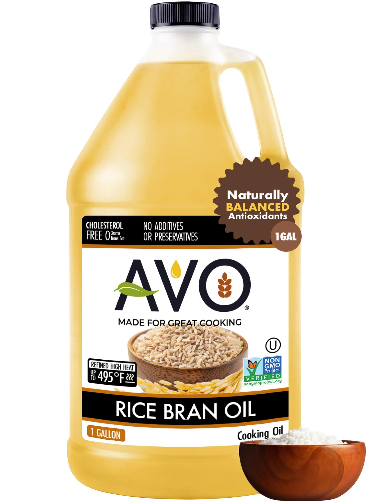AVO Rice Bran Oil for Cooking or Frying, 1 Gallon, NON-GMO, No Preservatives, High Smoke Point 490°F Rice Oil