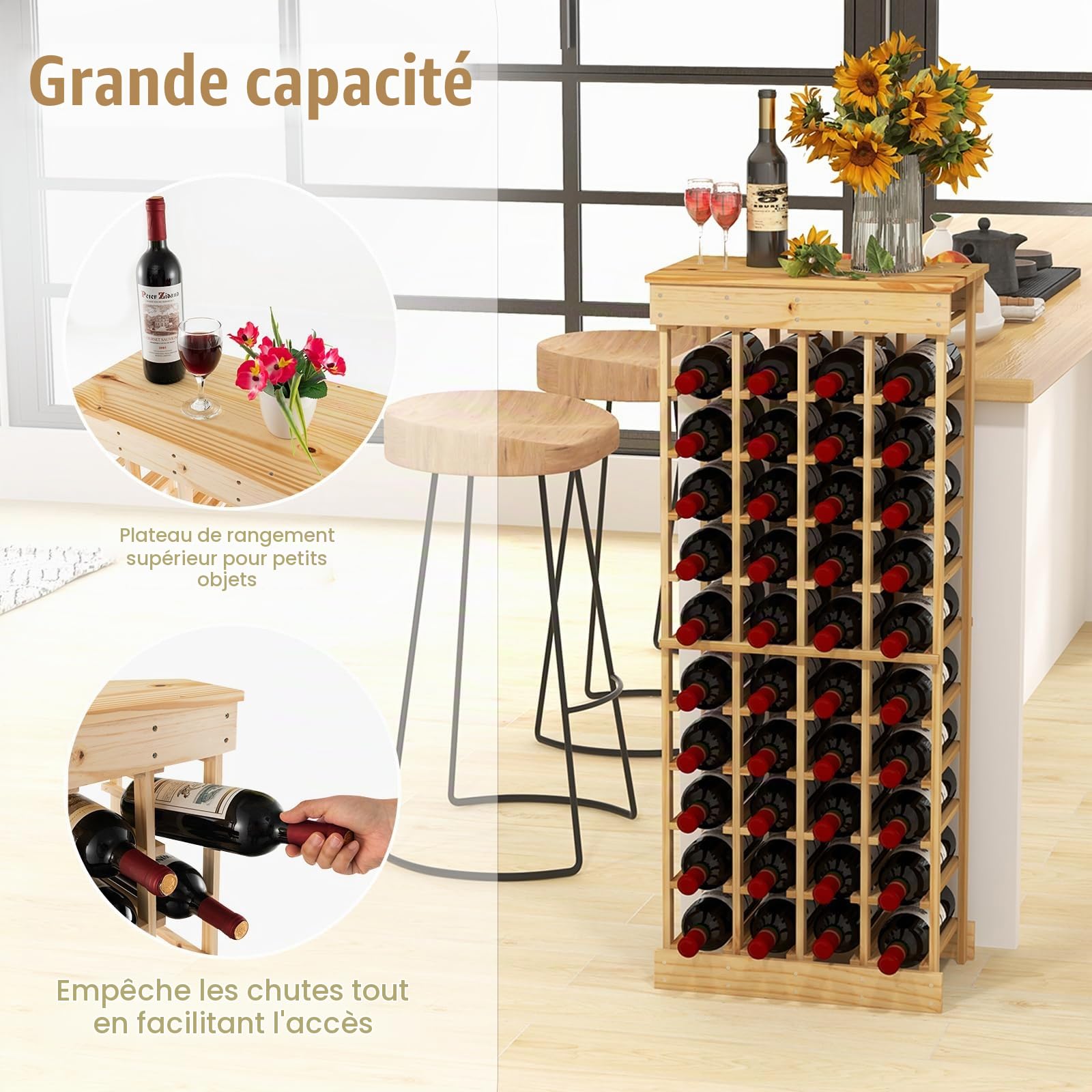 KOMFOTTEU Porte-Bouteilles sur Pied en Bois de Pin pour 40 Bouteilles