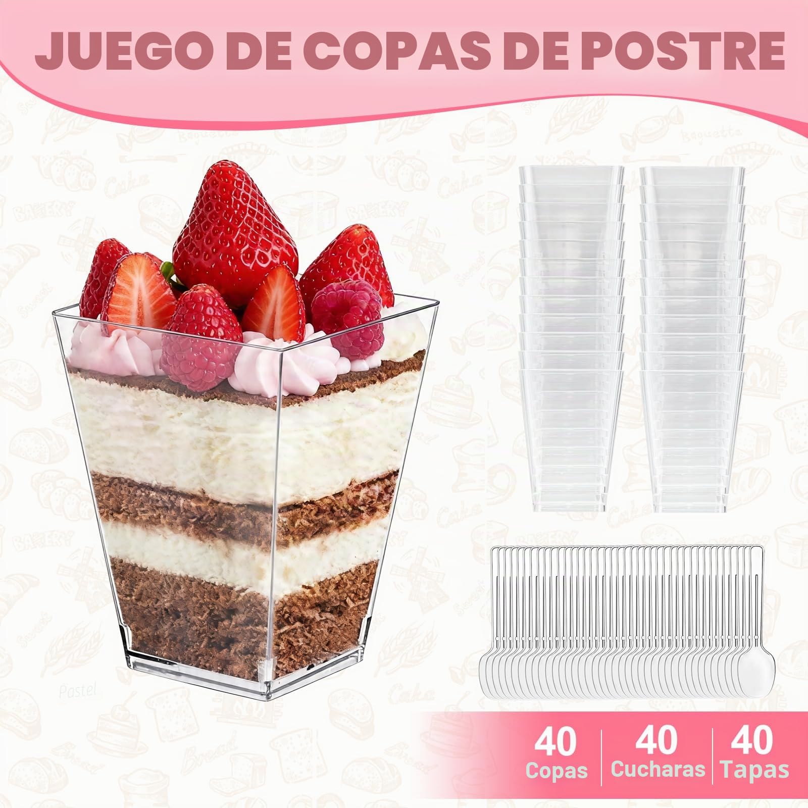 40 Piezas Vasos de Postre con Cucharas y Tapa, 5oz/160ml Reutilizables Tazas de Postre, Vasitos Aperitivos Plastico, Vasitos para Postres Transparentes, para Mesas de Postres de Bodas Navidad