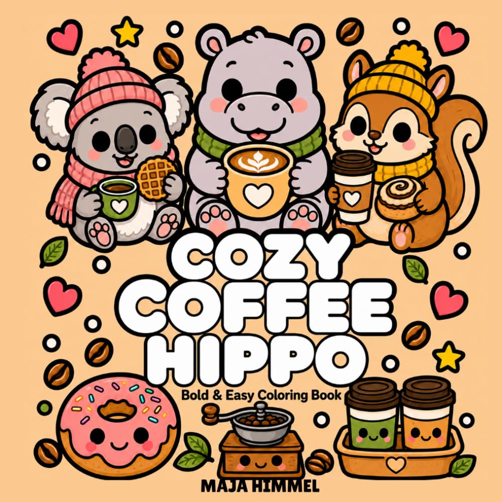 Cozy Coffee Hippo – A Bold and Easy Coloring Book for Kids & Adults: 40 Cute and Simple Designs with Hippos, Animal Friends, Mugs, Pastries, and Sweet Café Scenes (Cozy Coffee Club)