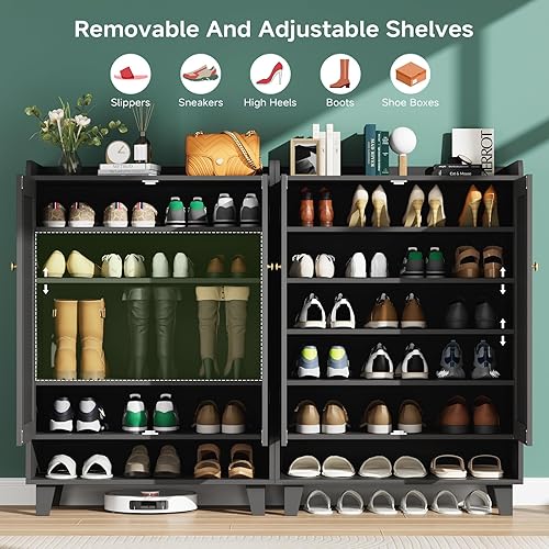 Miniatura 3 de Zapatero de estante plano con puertas, armario de almacenamiento de zapatos de 6 niveles con estantes ajustables, zapatero de madera para zapatos,