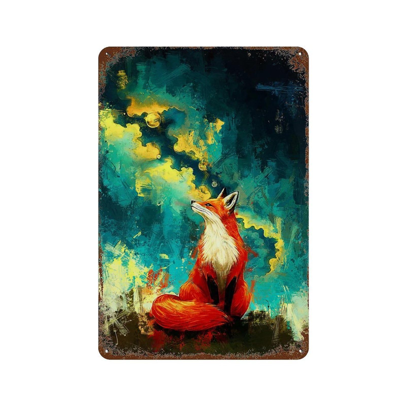 Fox in Abstract Landscape 11.8"x7.9" Vintage Rust Metal Sign, Novelty Wall Decor for Living Room, Hallway And Home Decor