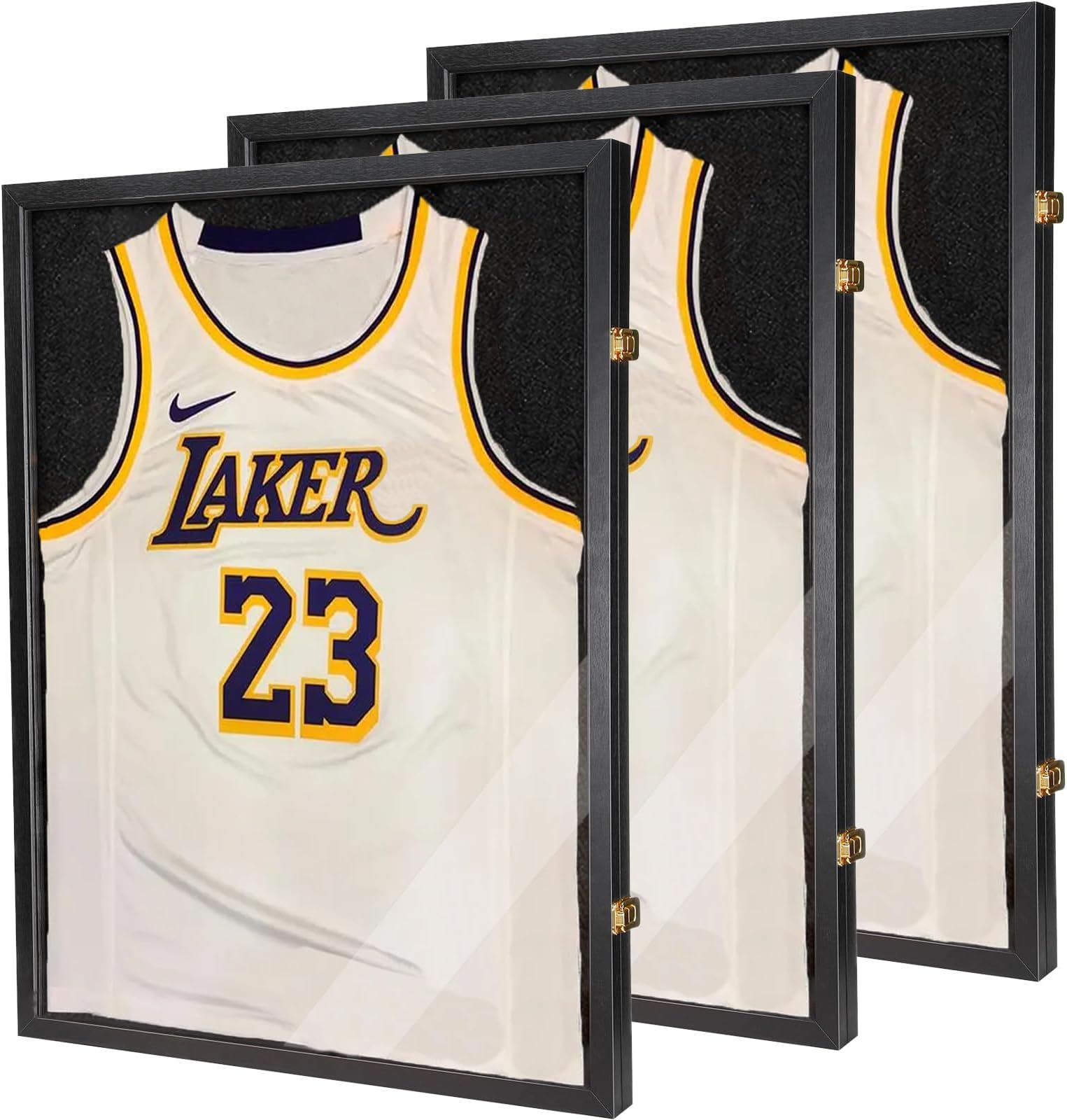 Jersey Wooden Frame Display Case -Shadow Box with 98% UV Protection Acrylic and Hanger for L or XL Baseball Basketball Football Hockey Sport Shirt and Uniform (Black, 3 Packs)