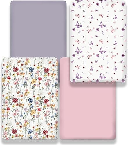 Miniatura 6 de bimocosy Juego de 4 sábanas para cuna, paquete y juego de sábanas para bebé, niña y niño, tamaño 38 x 26 pulgadas, para colchón de corral, mini cuna