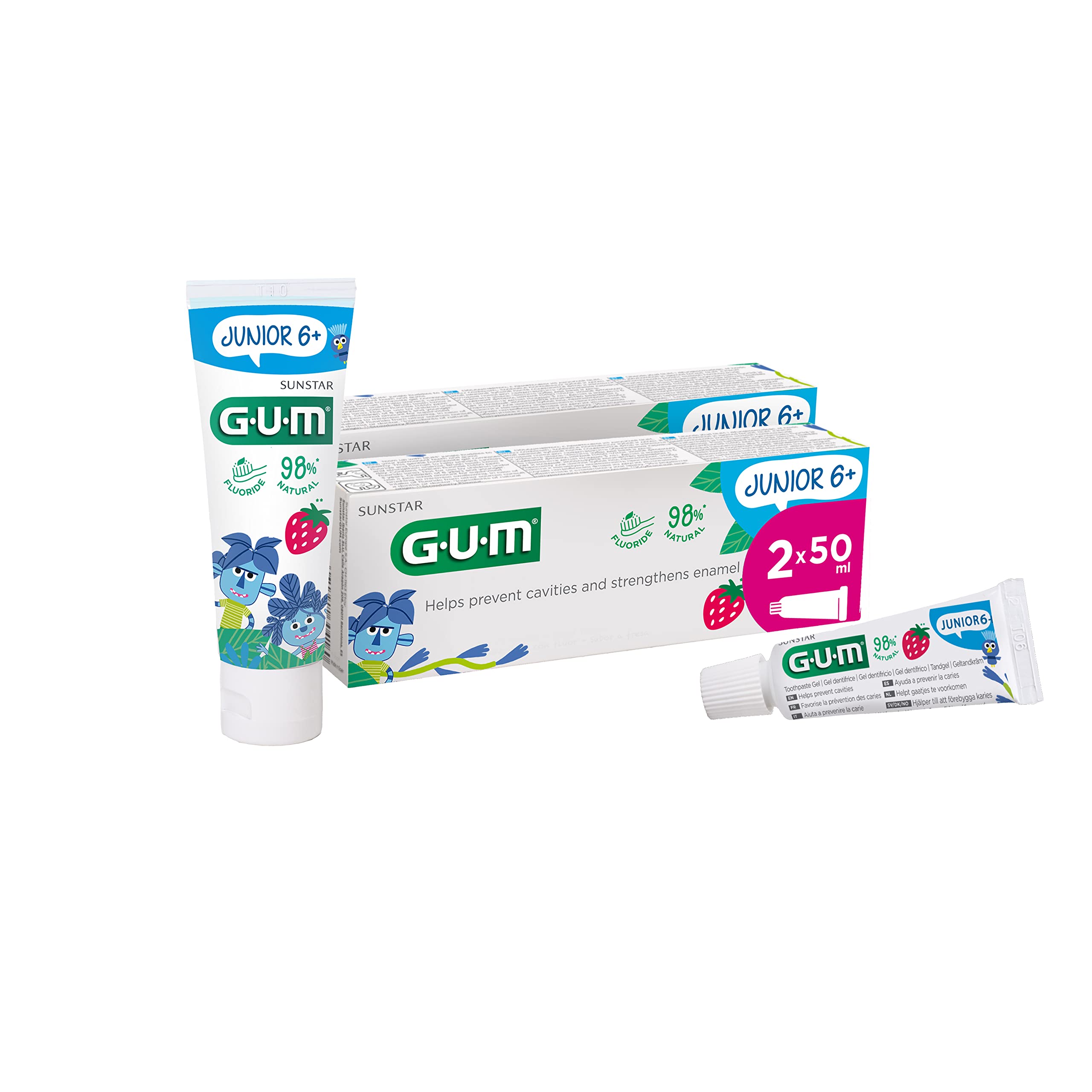 GUMJunior Toothpaste | Specially Designed for New Permanent Teeth | Children Aged 6+ | Strawberry Flavour | 50ml | 2 x 50ml (with 1 Bonus Sample)