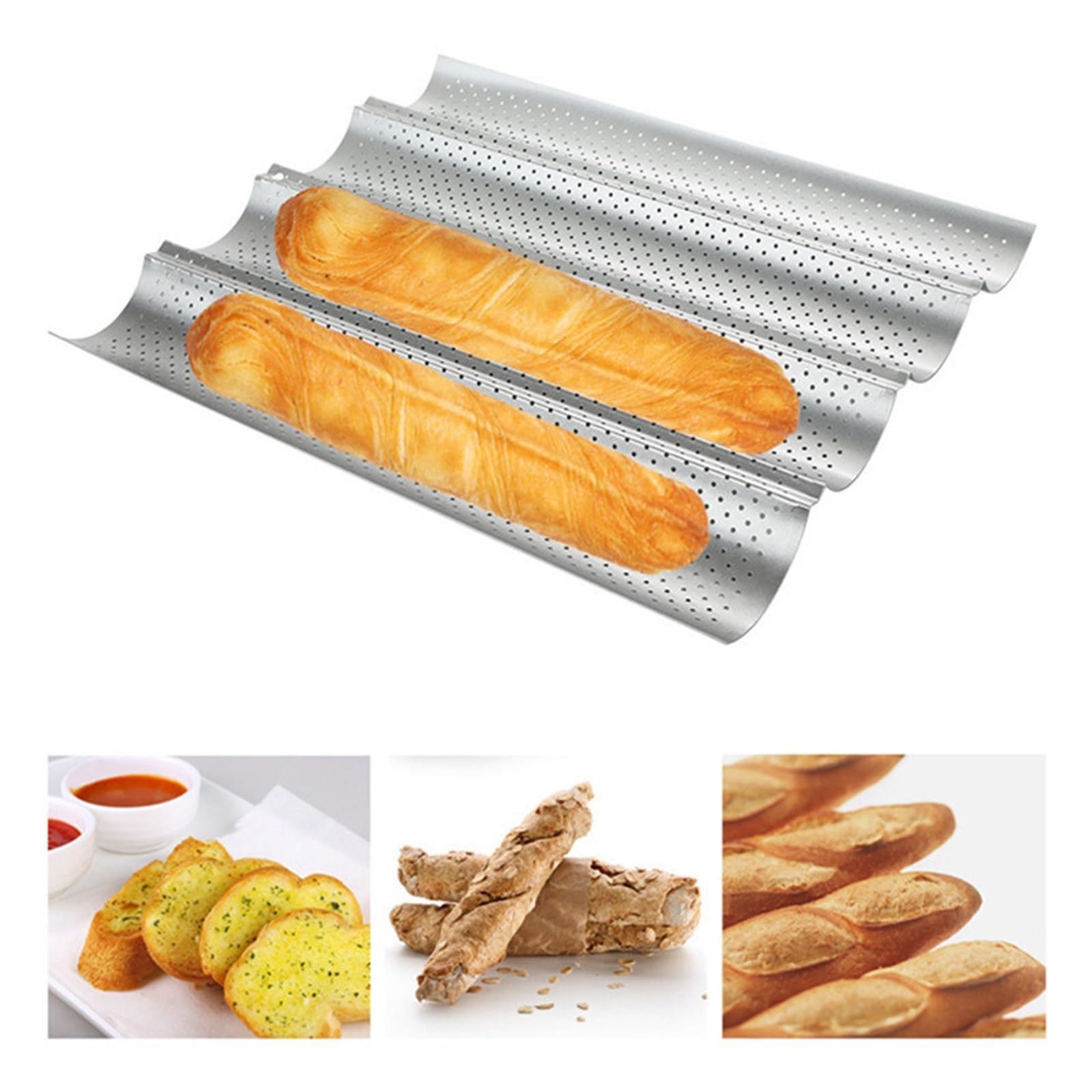 Bandeja for Baguette, molde for hornear Pan francés, utensilios for hornear, molde con ondas ranuradas, bandeja for pastelería, platos, accesorios de cocina, herramienta tostadora(4 Groove Silver)