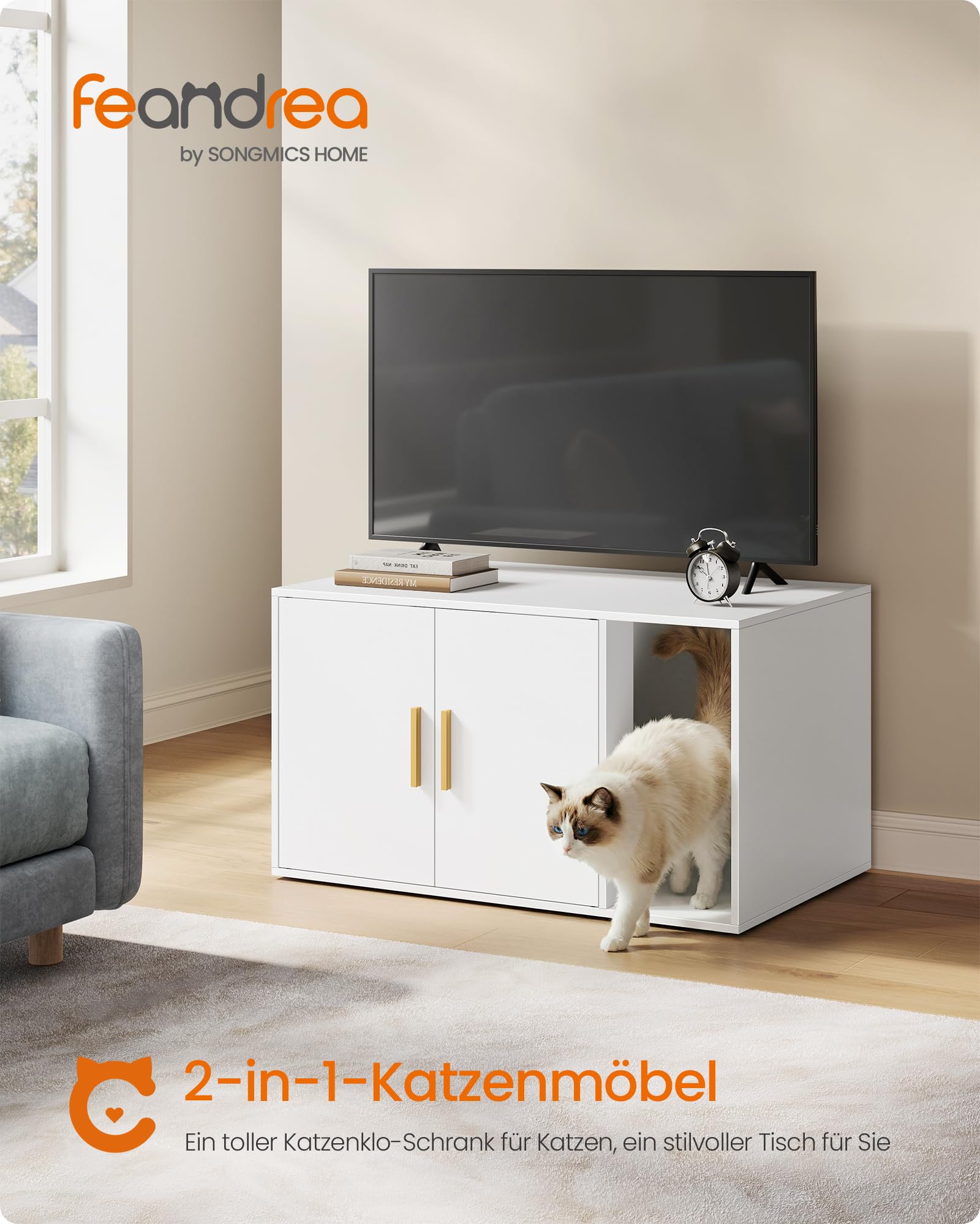 Feandrea Custos Kollektion - Katzenklo-Schrank, Moderne Katzentoilette, Katzenhaus, Vordereingang, Doppeltüren mit Griffen, Beistelltisch, für Wohnzimmer, 80 x 50 x 45 cm, mattweiß PCL020WB02
