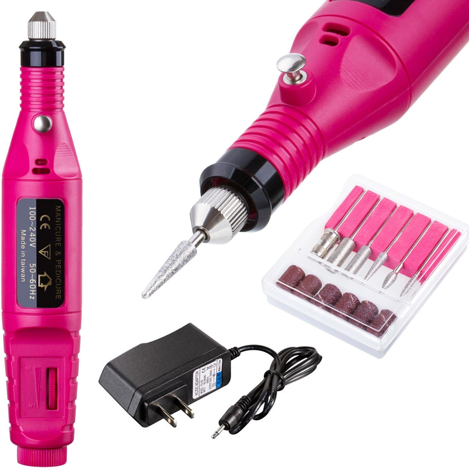 WishDeal Red Nail Art Drill Kit Electric Acrylics Finger Nail Clipper Trimming with 6 Bits Pen Shape Manicure Grinding Machine Drill Nail Polisher Art Tool Pedicure Set