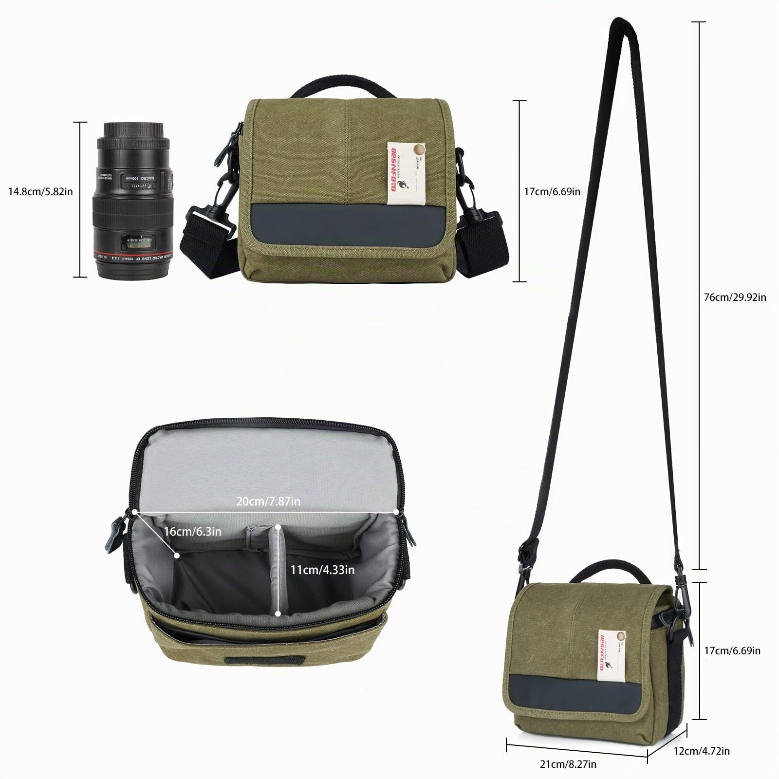 Besnfoto Borsa a tracolla senza specchio per fotocamera Canon, Verde militare, piccola