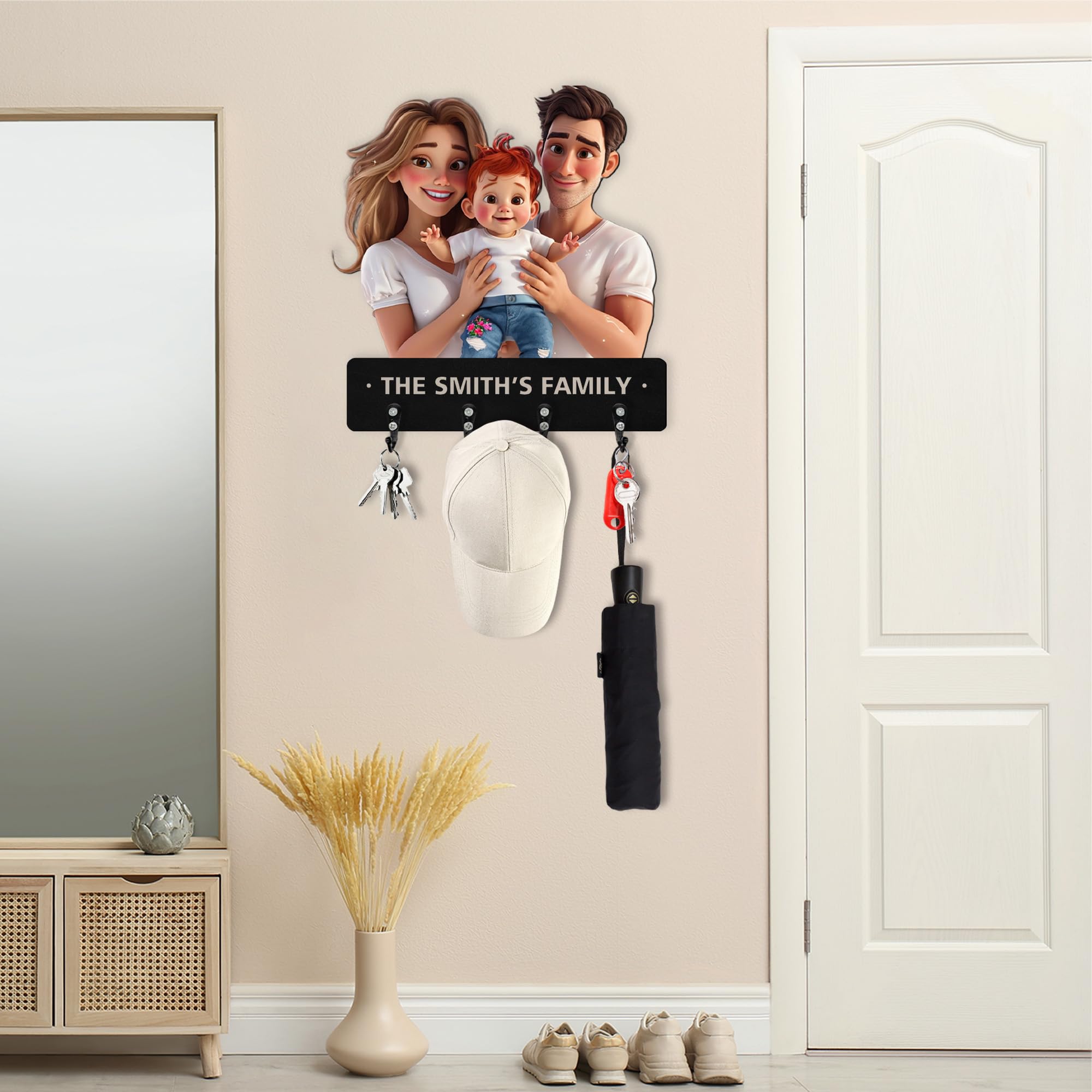 Colgador Llaves Pared, Llavero de madera Personalizado con Foto Estilo Dibujo, Cuelga Llaves Pared con Estante, Colgador Llaves para Guardar Objetos Pequeños Como Llaves en la Entrada
