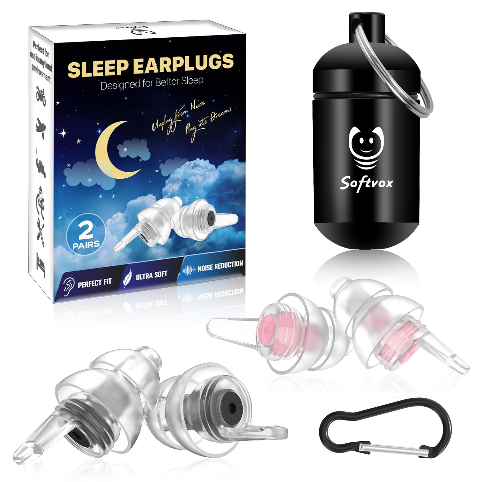 Ear Plugs for Sleeping 2 Pairs, Ultra-Comfy Reusable Small Earplugs for Sleep, Travel, Focus, Side Sleepers, Snoring - 27 dB Soundproof Noise Cancelling Silicone Hearing Protection