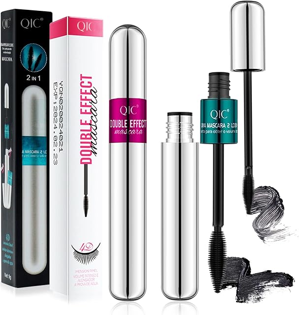 2 in 1 4D Fibre Mascara, 2 Pcs Superstrong Waterproof Mascara for Natural Lengthening Thickening Curling Effect, Smudge Proof Black Mascara Natural Mascara Eye Makeup Mascara