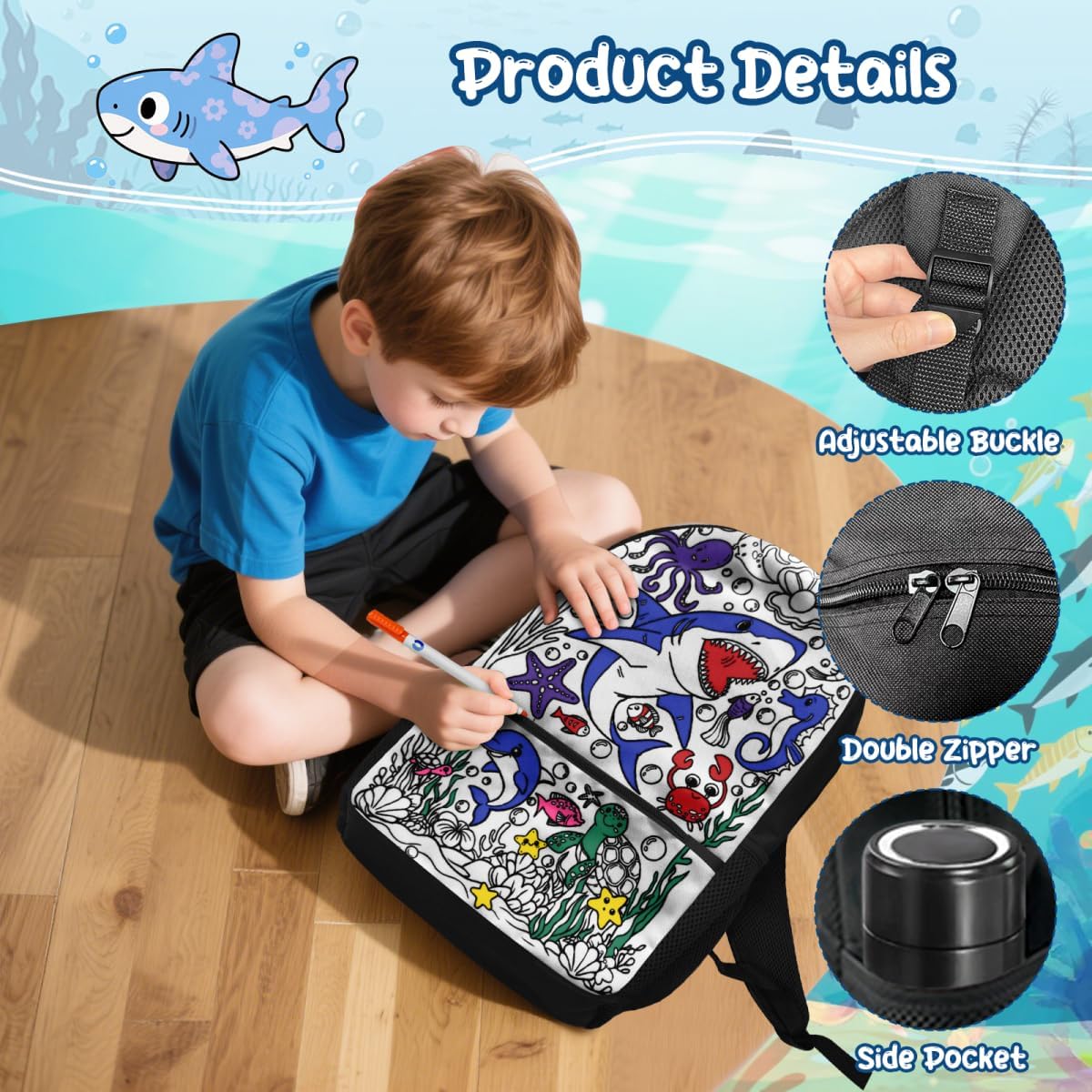 Color Your Own Bag Personalized Shark Backpack with 8 Bright Markers Coloring Craft Coloring Backpack DIY Arts and Crafts Activity for Boys Kids, Xmas Supplies