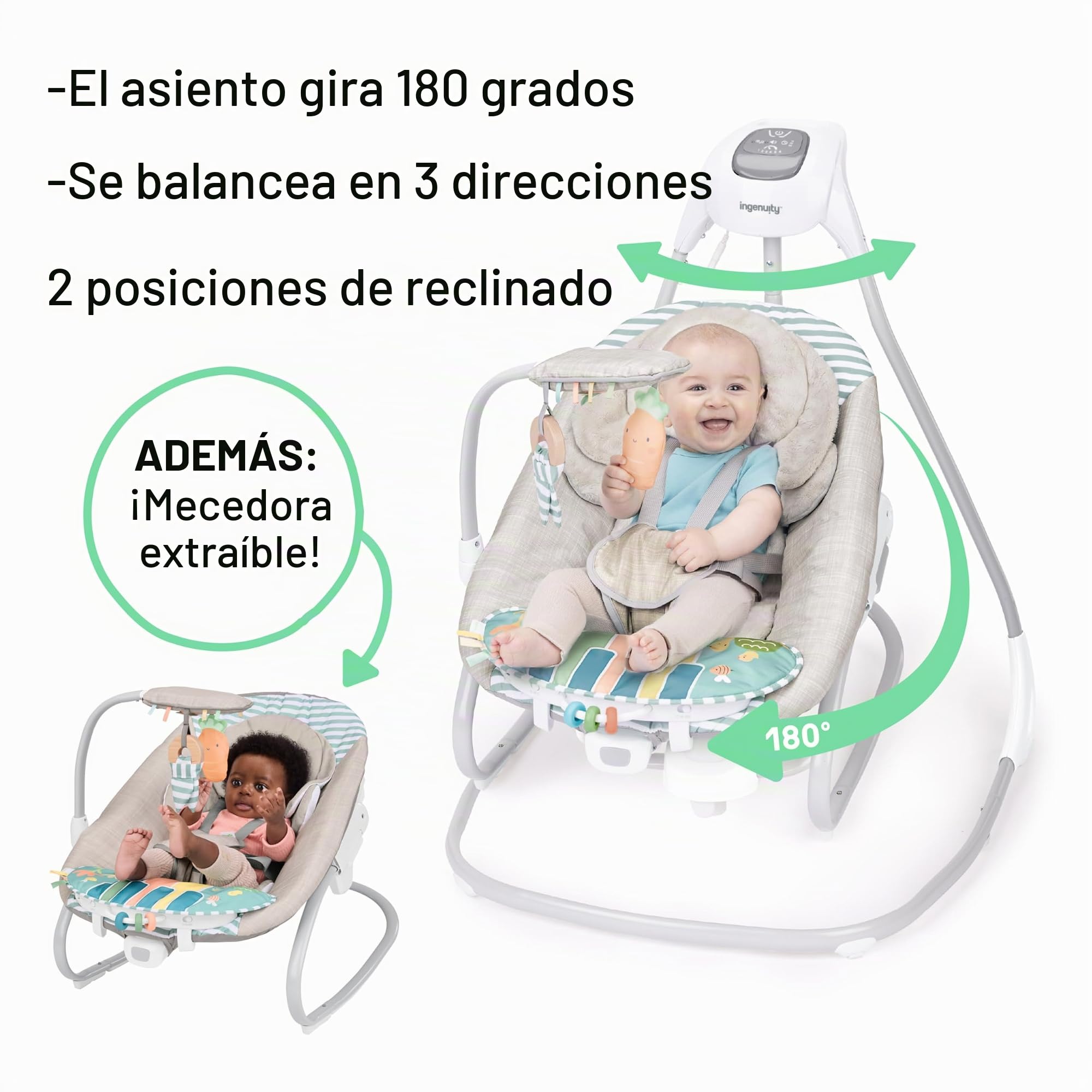 Ingenuity SimpleComfort Piano Playtime Columpio y Mecedora para bebés 4 en 1, 180 Grados y 3 direcciones, 0-24 Meses