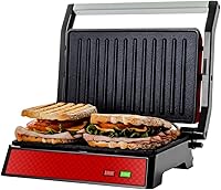 Ovente GP0540R Electric Panini Press Grill & Sandwich Maker - 1000W Non-Stick Plates, 180° Open Flat, Cool-Touch Handle, Removable Drip Tray, Red