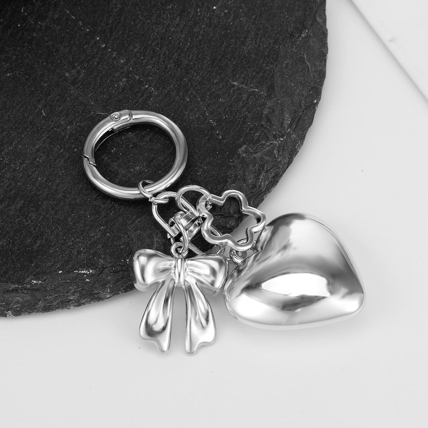 Heart Bow Charm Keychains, Silver Bow Keychain Charms, Cute Silver bag charms, Multifunctional Keychain Accessory Alloy Texture for Car Keys Handbags Purse Charm - Image 7
