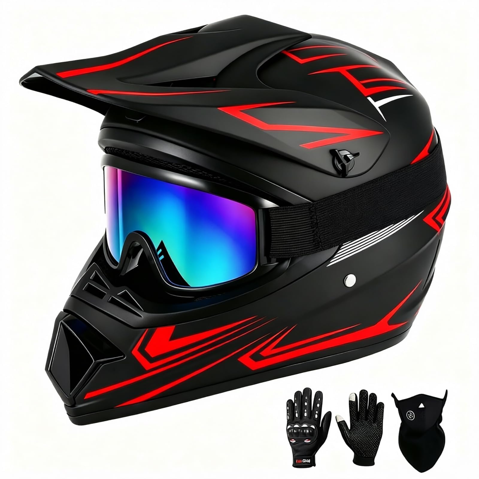 Photo 1 of SPARK Youth Motocross Helmet Kids Dirt Bike Helmets DOT Certified - Full Face, Lightweight & Breathable for Off-Road E-Bike UTV MX ATV (with Gloves Goggles Mask) 4Pcs Set (Black Red, Medium)