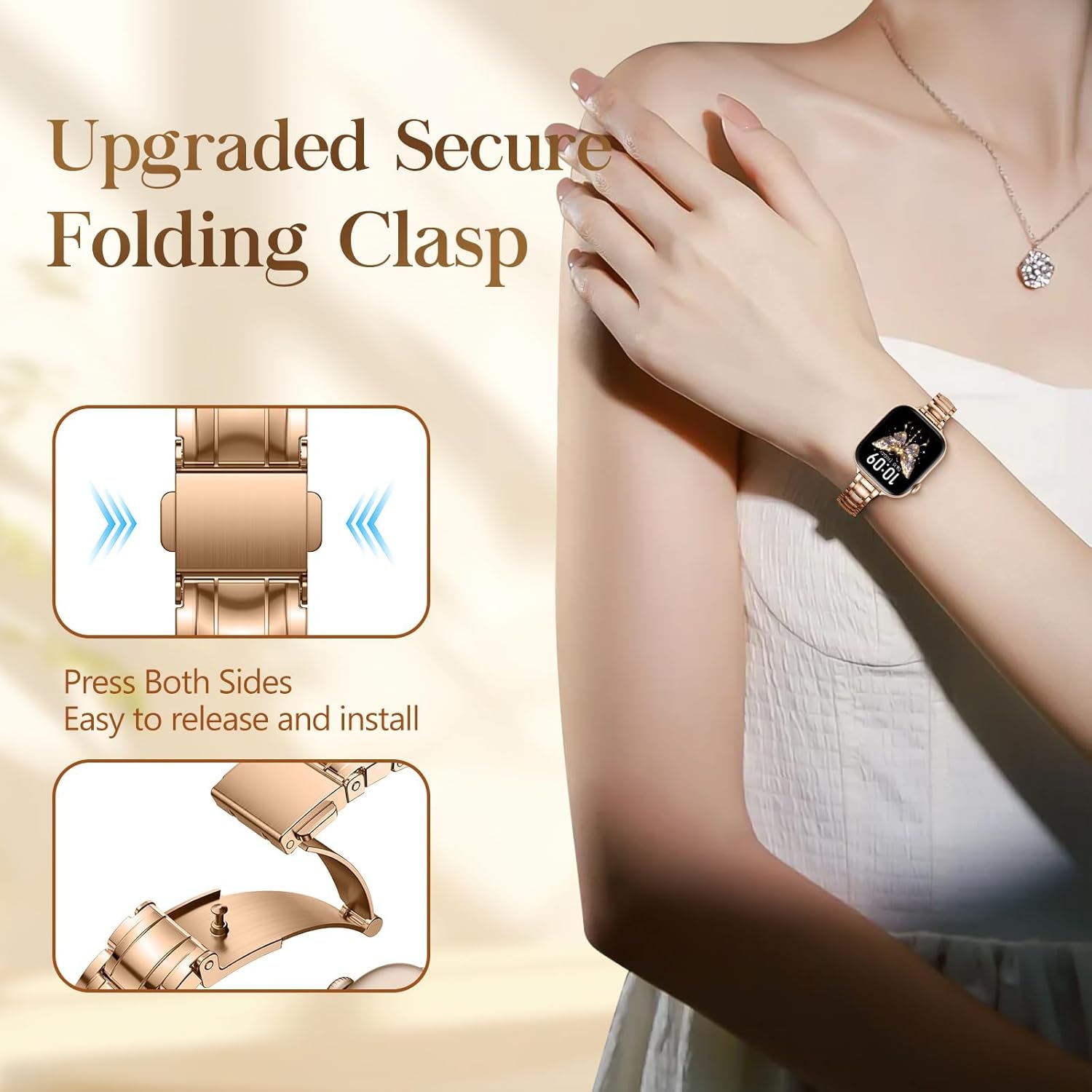 SOLOLUP Slim Metal Band Compatible With Apple Watch Bands for Women SE 3/2/1 40mm 41mm 38mm 42mm,Thin Dressy Stainless Steel Chains Strap for iWatch Band Series 11 10 9 8 7 6 5 4 3,Rose Gold - Image 6