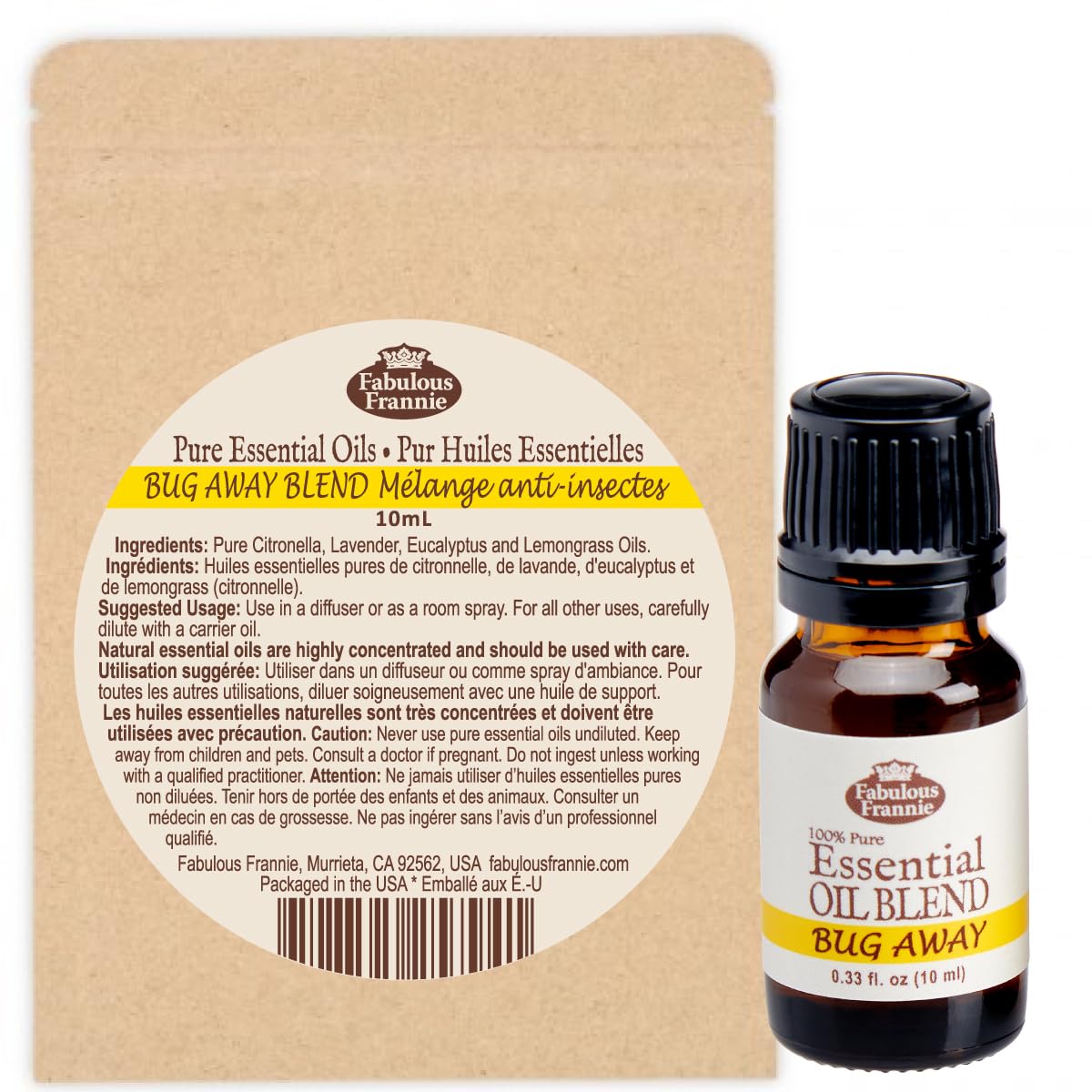 Fabulous Frannie Bug Away 100% Pure, Undiluted Essential Oil Blend of Citronella, Lavender, Eucalyptus & Lemongrass 10ml (Pack of 1)