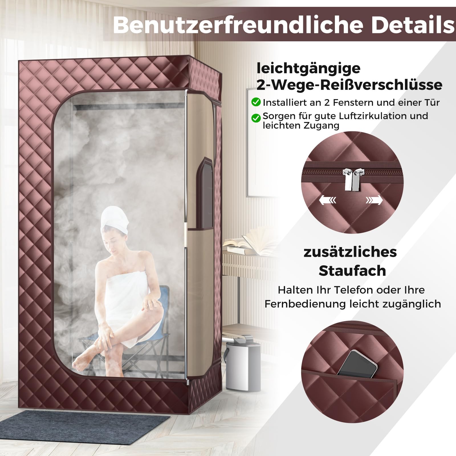 COSTWAY Dampfsauna Heimsauna für Zuhause, Ganzkörpersaunabox mit 3-Liter-Dampfgenerator, Fernbedienung, Fußmassagegerät & Klappstuhl, tragbare Saunazelt 91 x 91 x 183 cm (braun)