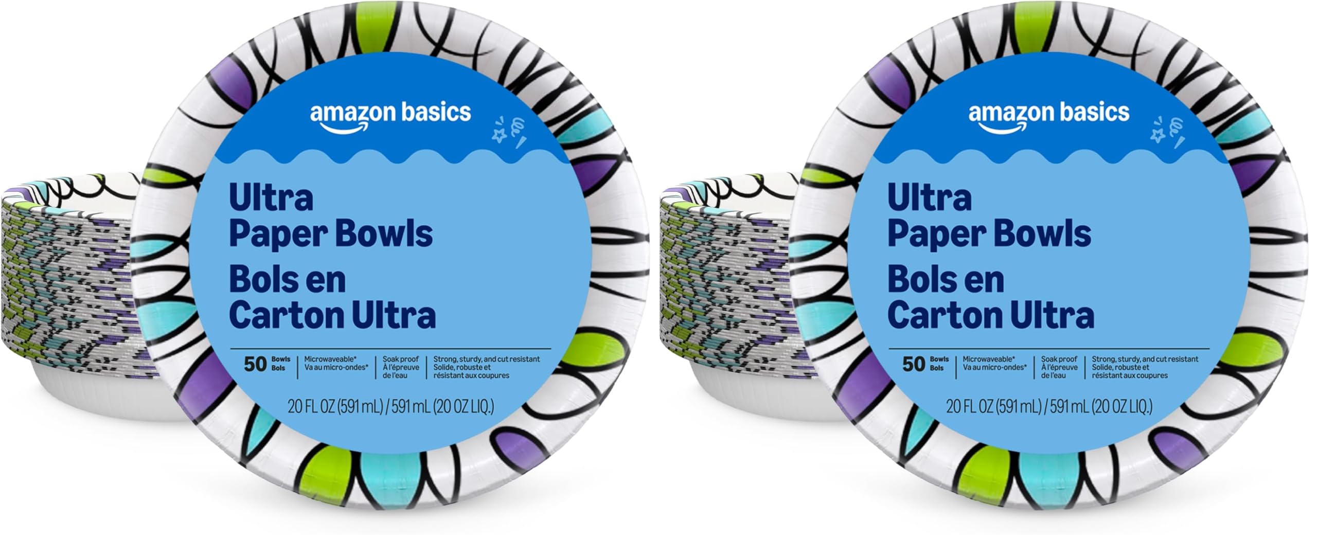 Amazon Basics Ultra Disposable Paper Bowls, 20 Oz, Microwave Safe, Soak Proof, Strong &amp; Sturdy, White, 50 Count (Pack of 2), Packaging May Vary