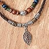 Tied By Love PU Leather Natural Boho Leaf Necklace Pendant Bohemian Style Wooden & Metal Beads Ethnic Long Chain Unisex 40cm Adjustable To 76cm #3