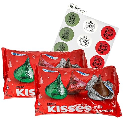 Paquete de dulces de chocolate de Navidad con chocolate con leche Hershey's Kisses, bolsa de 10.1 onzas (paquete de 2) y calcomanías navideñas de