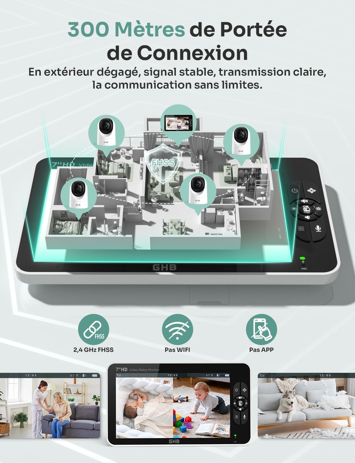 GHB Babyphone Cémera 7" 1080P Caméra Bebe Surveillance 350° Rotation Écran IPS HD Mode VOX 168H Autonomie de la Batterie Audio Bidirectionnel Alerte de Température 8 Berceuses