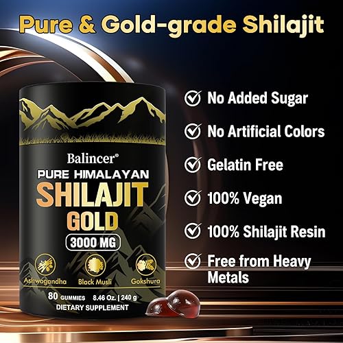 Miniatura 7 de Gomitas Shilajit puras del Himalaya doradas, probadas en laboratorio, con Ashwagandha, Gokshura, ácido fúlvico y más de 85 minerales traza, para