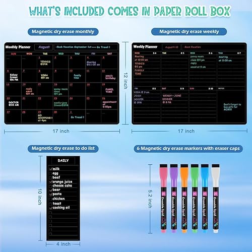 Miniatura 9 de Fridge Black Whiteboard Calendar Set(3-Pack),1 Pcs Magnetic Chore Chart and 1 Pcs Refrigerator Weekly Planner,1 Pcs List and 6 Markers,Reward Chore