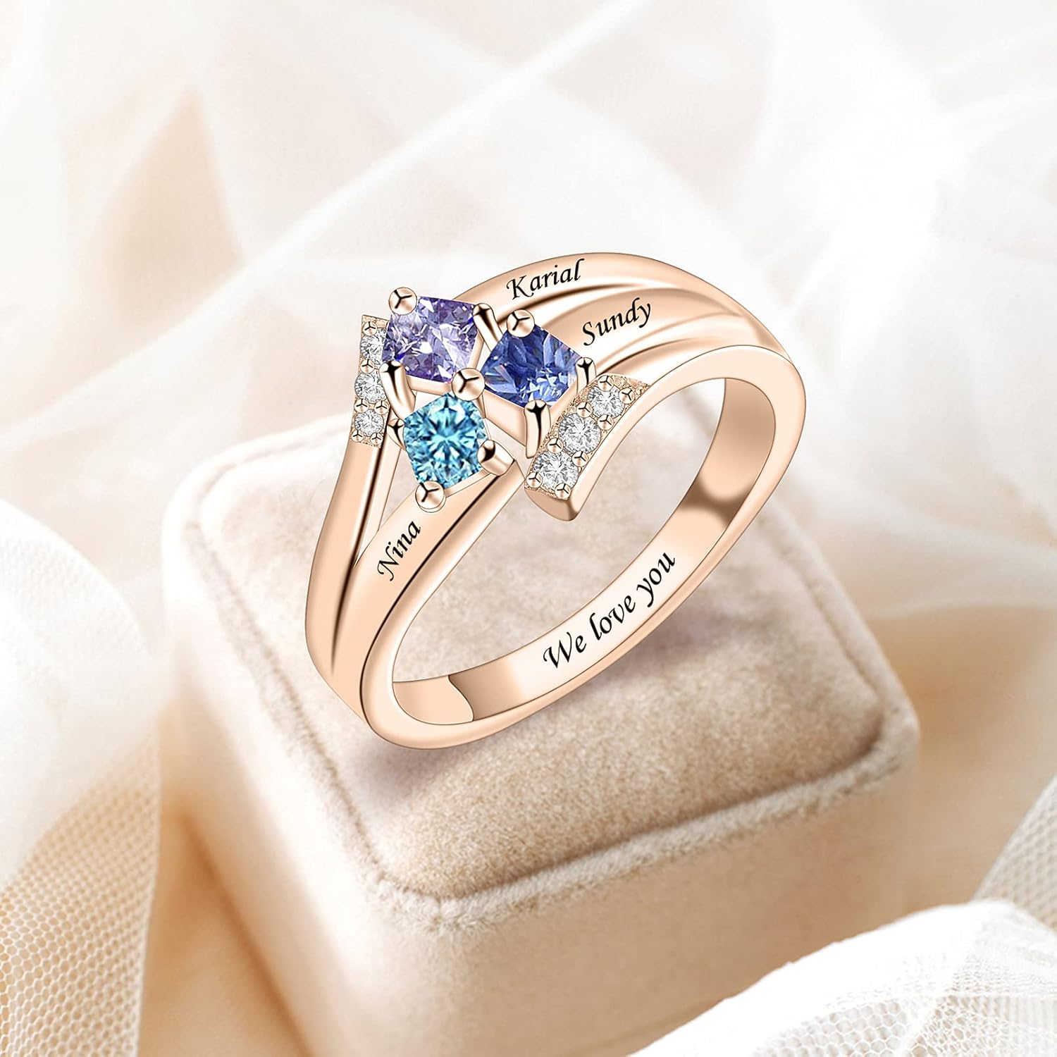 Personalized Mothers Ring with 1/2/3/4/5/6/7/8/9 Simulated Birthstones for Mom Engraved Name Ring for Women Promise Rings for Her Custom Family Ring for Wife Grandmother Jewelry Gifts