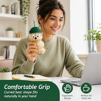 Iced Coffee Cup, 550ML(18.6oz) Cute Bear Glass Cup with Lids and Straws