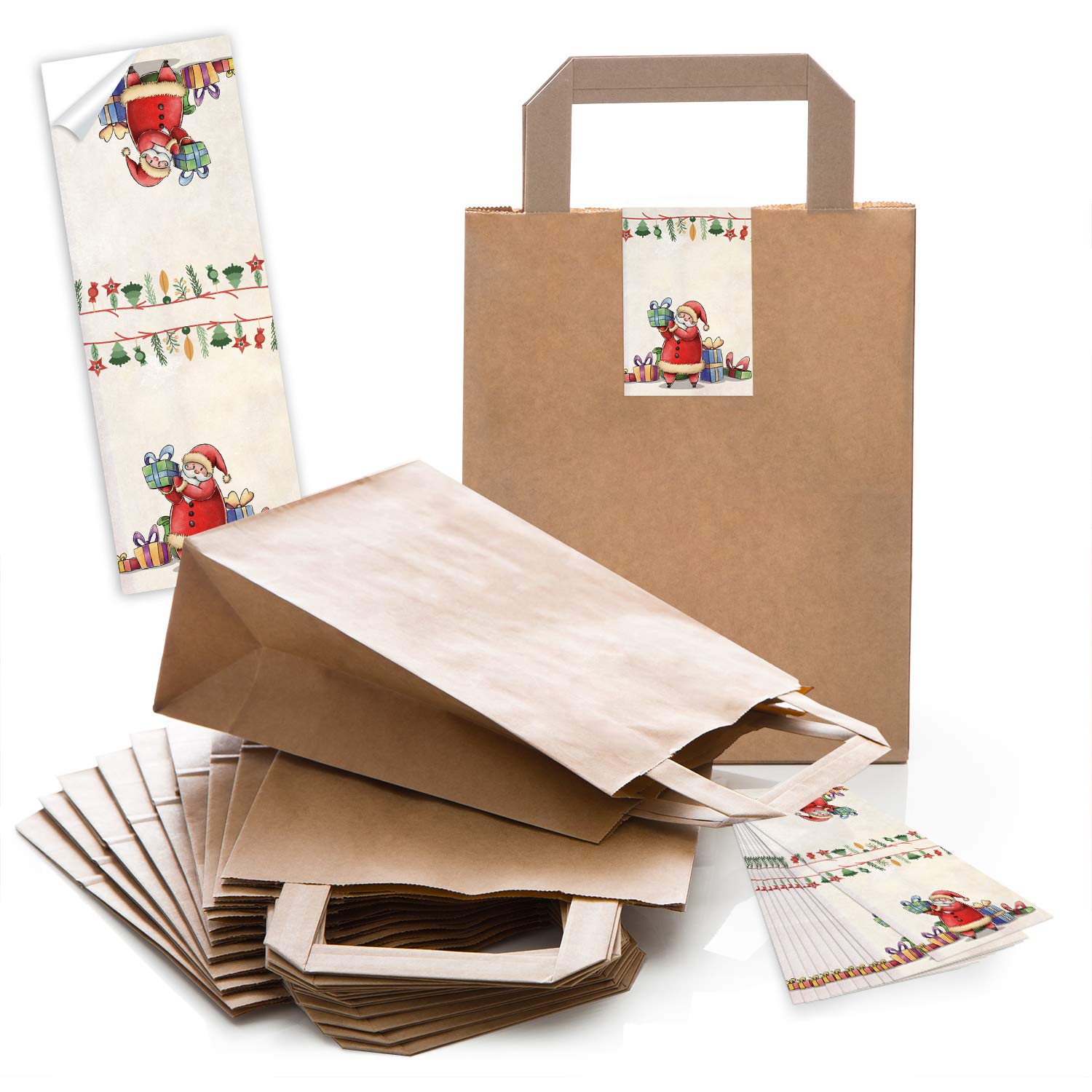 50 brązowych torebek papierowych torebki na prezenty uchwyt z dnem 18 x 8 x 22 cm + 50 naklejek bożonarodzeniowych Mikołaja Mikołaja Święta Mikołaja Czerwony zielony beżowy Boże Narodzenie Opakowanie Opakowanie prezentowe Papier typu kraft