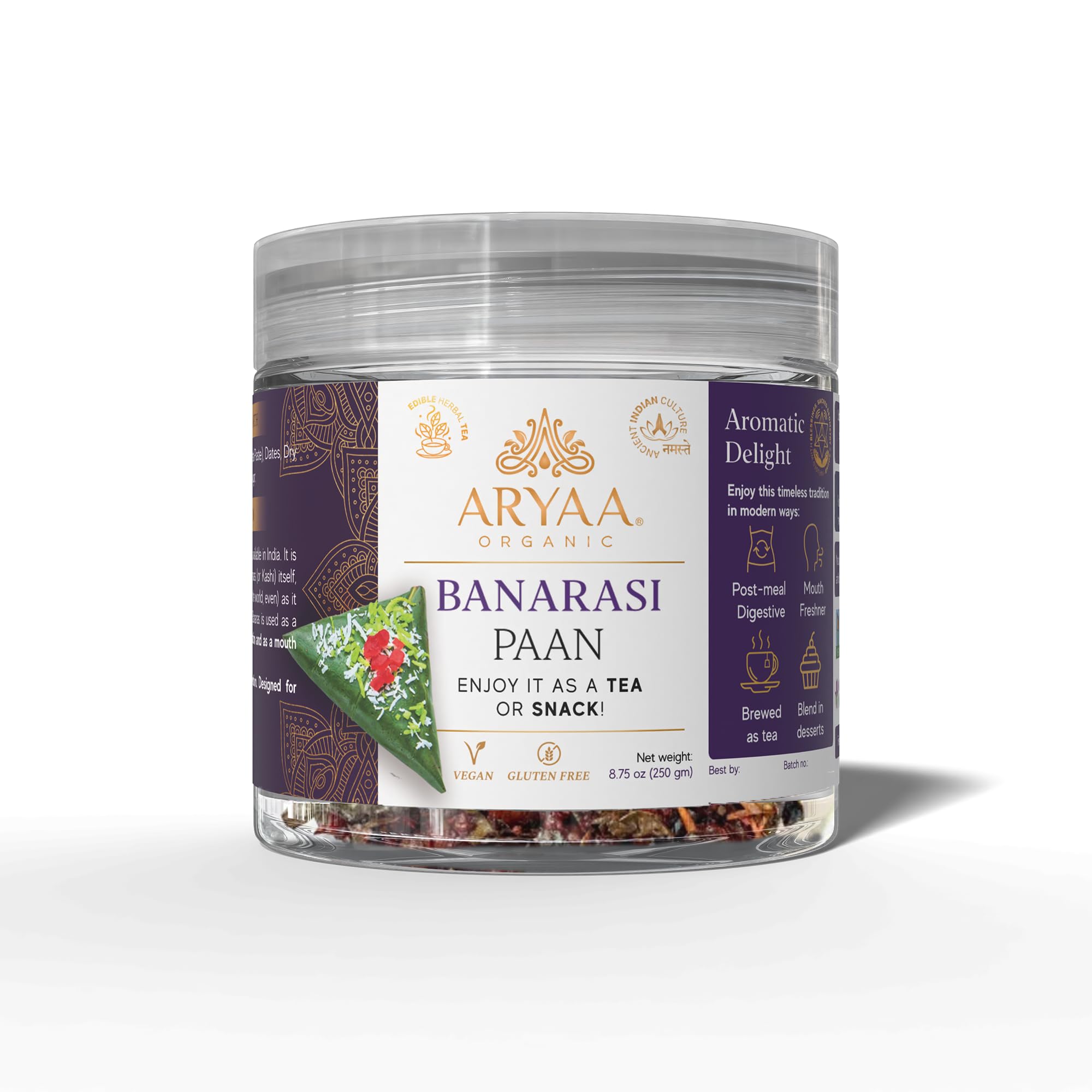 Aryaa Organic Banarasi Paan l 8.75oz (250gm) Herbal Tea & Digestive Snack | | Shredded l 100% Natural, Vegan, Gluten-Friendly | Non-GMO | Authentic Indian Delight | Perfect for Sipping or Snacking