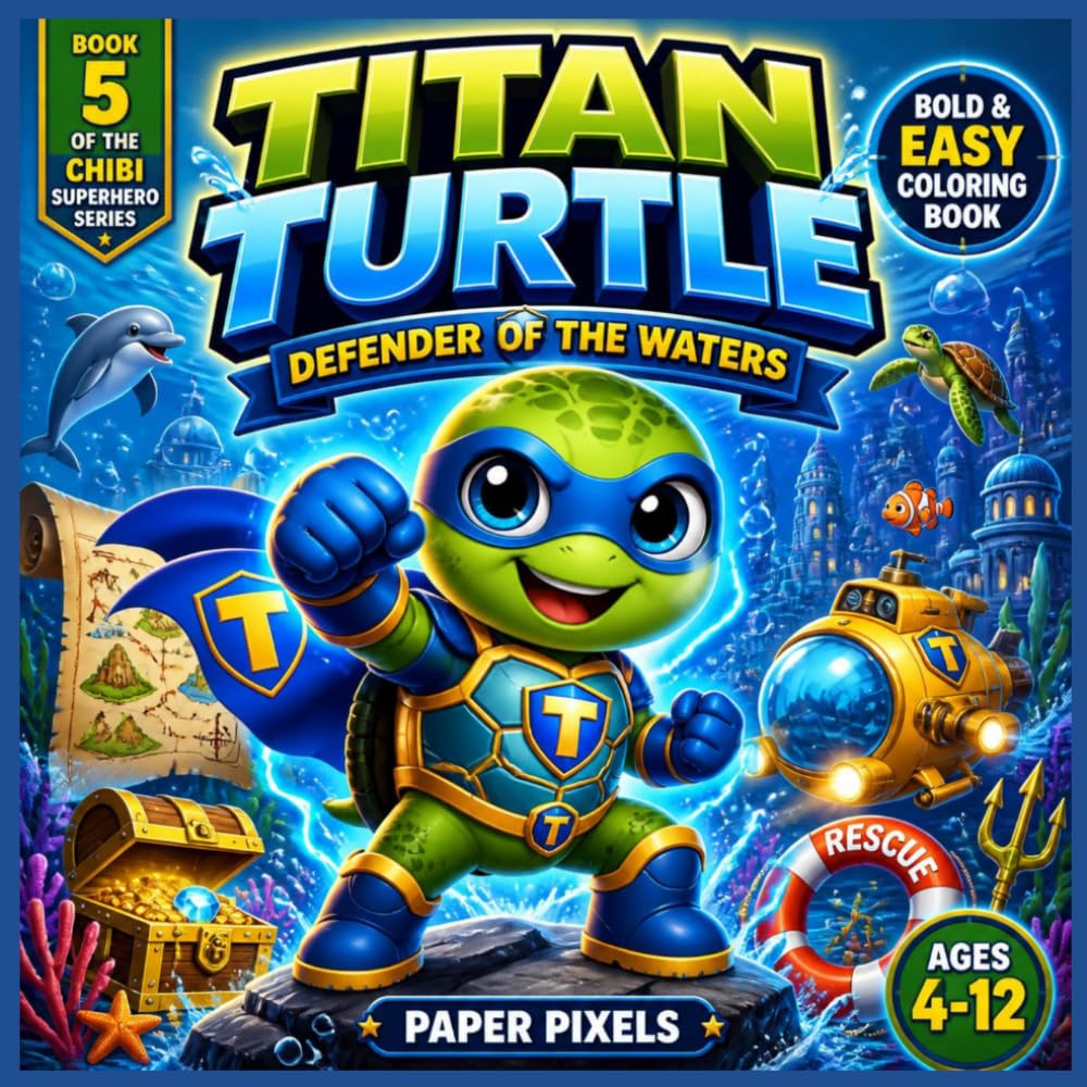 BOLD & EASY CHIBI TITAN TURTLE COLORING BOOK FOR KIDS :: BOOK 5 OF CHIBI SUPERHERO SERIES: TITAN TURTLE: DEFENDER OF THE WATERS (CHIBI SUPERHERO COLORING BOOKS)