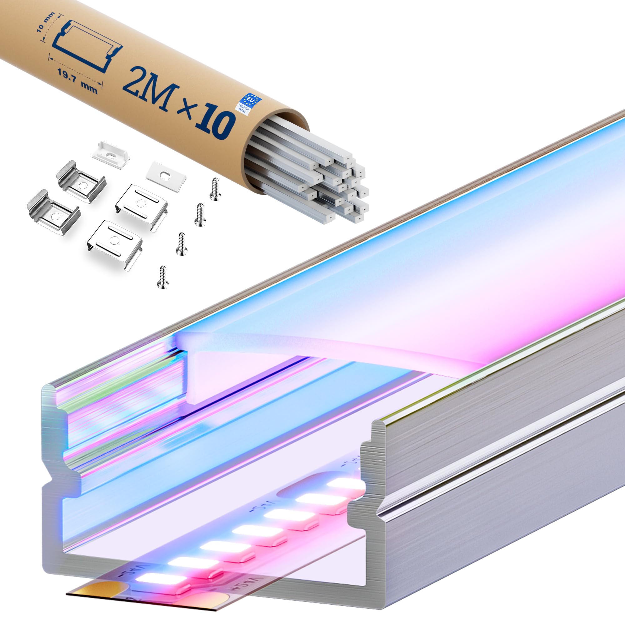 LED Profil 2 m U-Form 10 Stück, Lichtdiffusor aus PC, LED Diffusor Leiste Größe 19,7 x 10 mm, für Led Streifen mit Einer Breite von weniger als 10mm/ 14mm/ 15mm /16mm, mit Montagezubehör