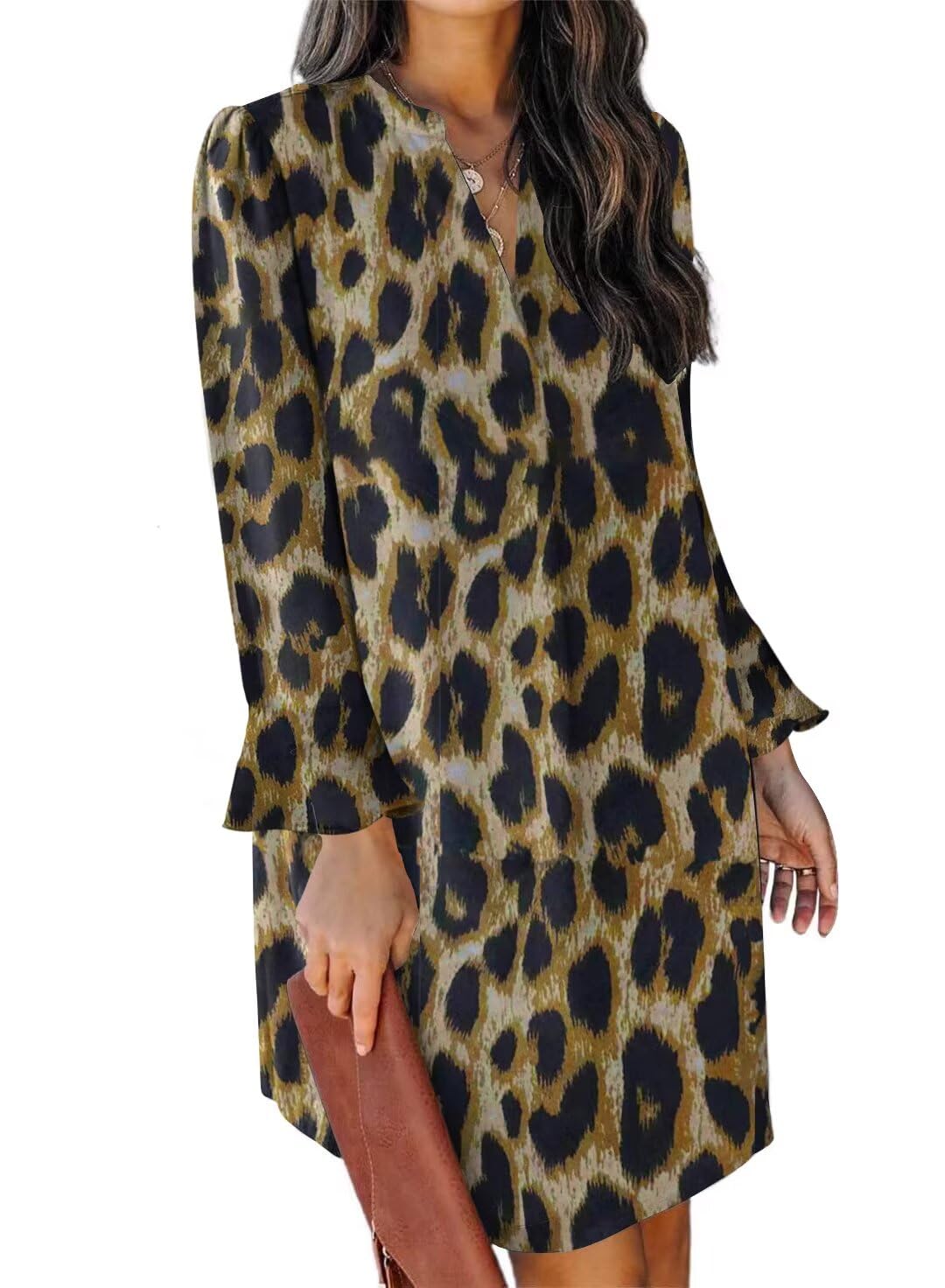 QACOHU Women's Fall Long Ruffle Sleeve V Neck Shift Dresses
