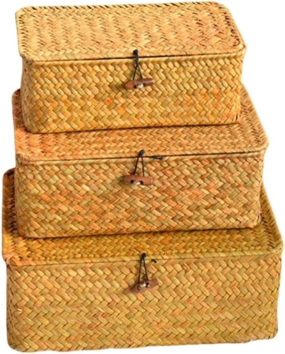 Runsweat編み込み籐バスケット、天然素材、蓋付き、収納バスケット、防塵、小物、おもちゃ、工芸品、家庭用に最適 (長方形 大・中